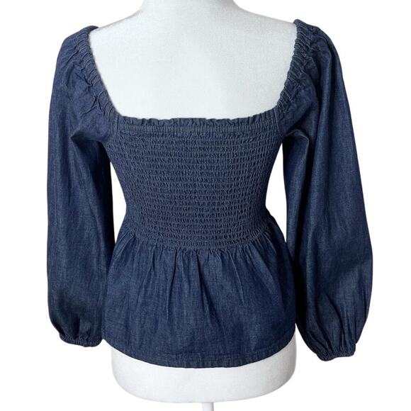 J. Crew Womens Puff-Sleeve Chambray Smocked Top S Blue Peplum Peasant Boho BE570 - Picture 3 of 7